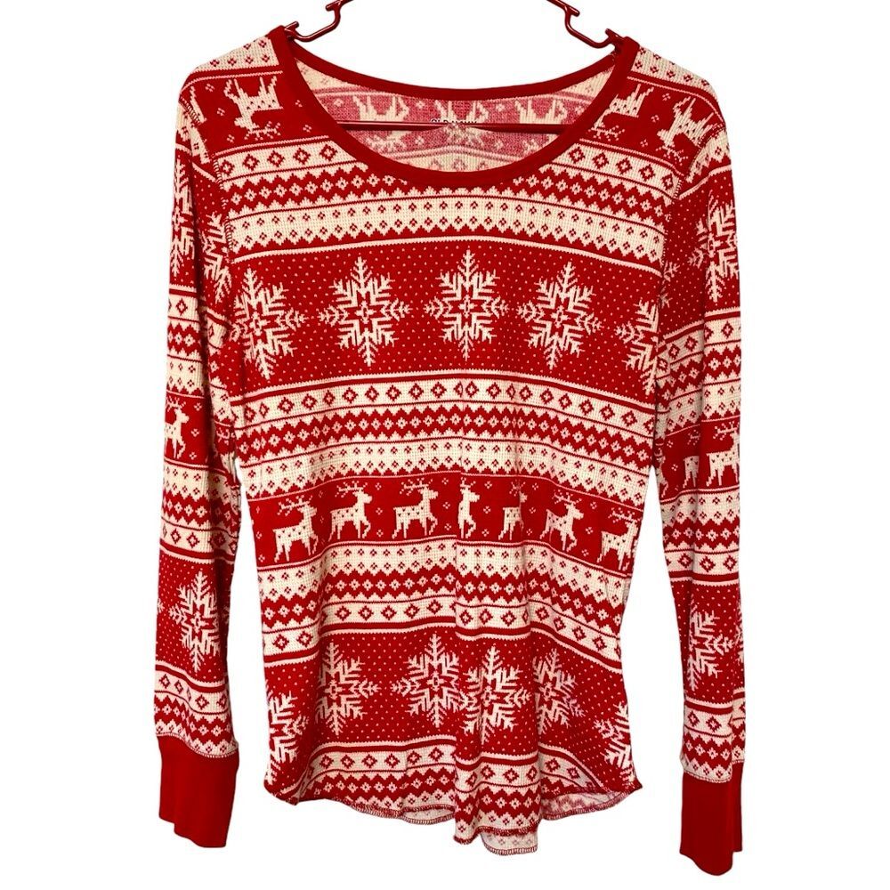 Old Navy Reindeer Snowflake Red White Henley Size M